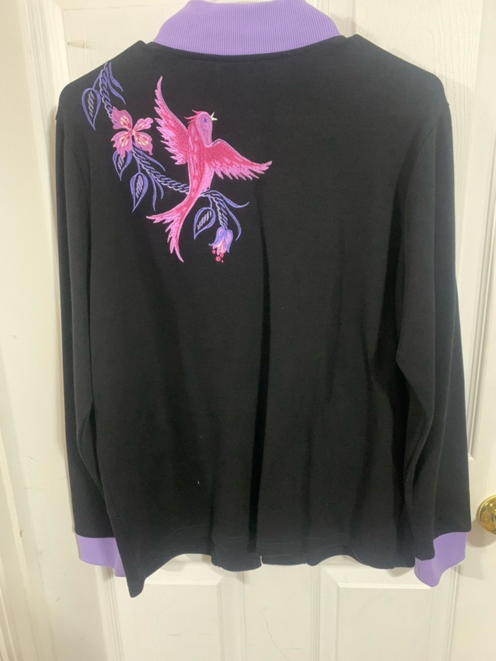 Bob Mackie Black Bomber Jacket with Lilac Trim and Pink Embroidery - Picture 2 of 3